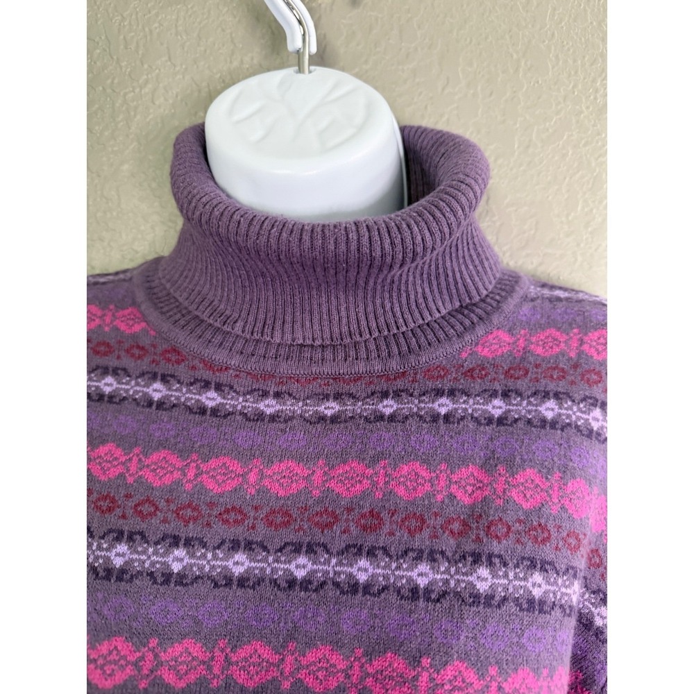 L.L. Bean Fair Isle Turtleneck Sweater M Pink Purple Cotton Cashmere Grandma‎ - Picture 4 of 11
